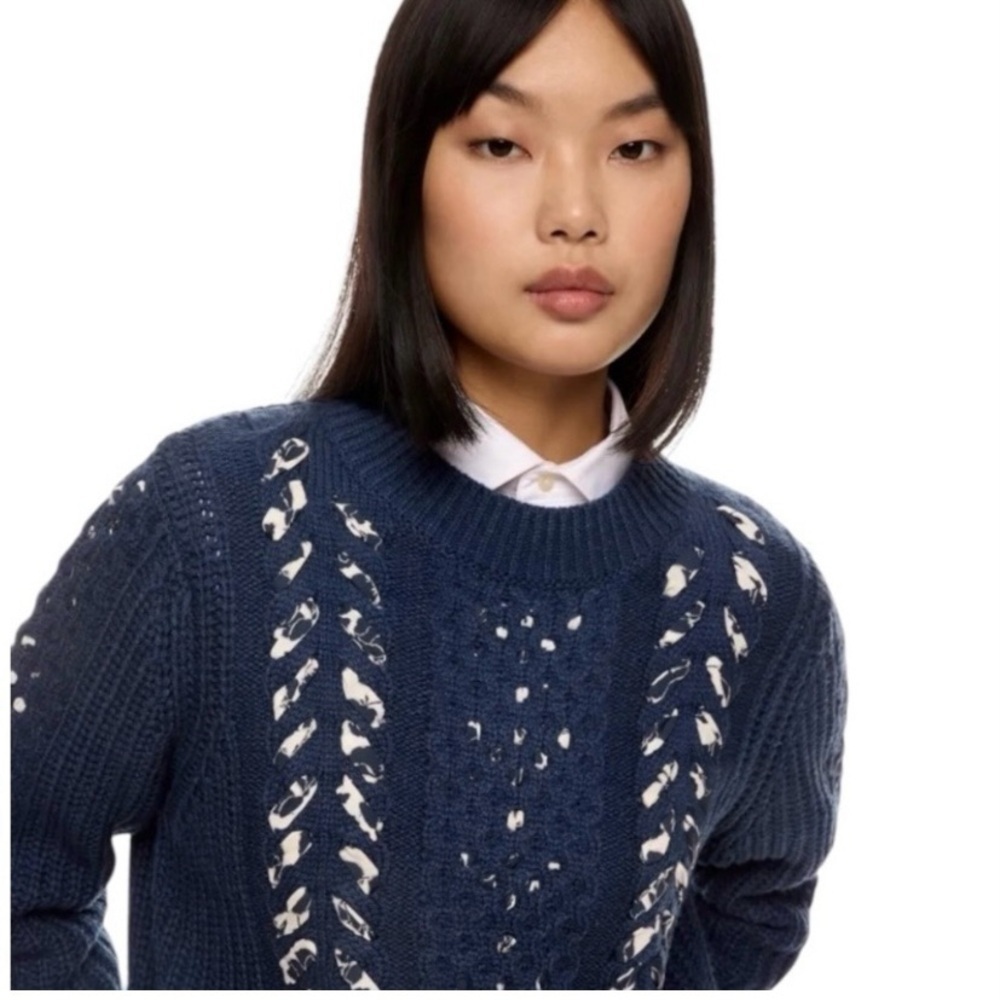 Jason Wu Collective Woven Detail Sweater Crew Neck Dark Blue Size XXL - Picture 4 of 9